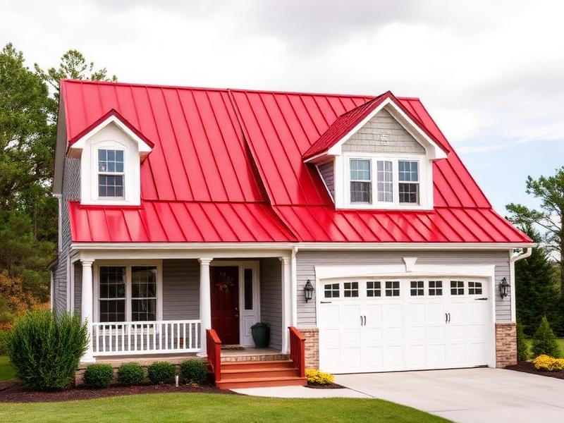 Red standing seam metal roof on southern home